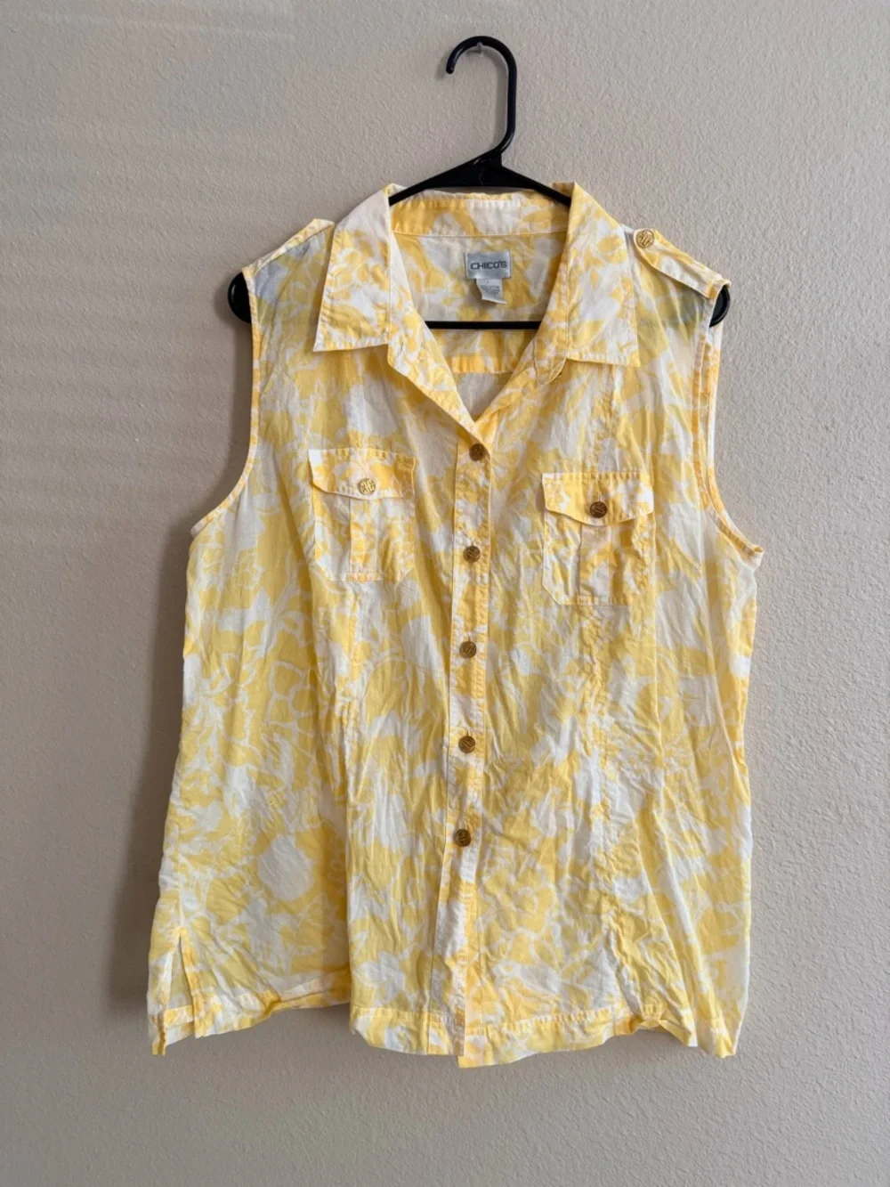 Chicos Yellow Floral Button Down Sleeveless Top Size 3
